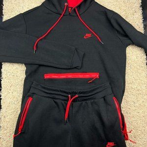 Nike Men's XL Jumpsuit Black Red Sweatpants, Hoodie With Zippers FLEECE LINED